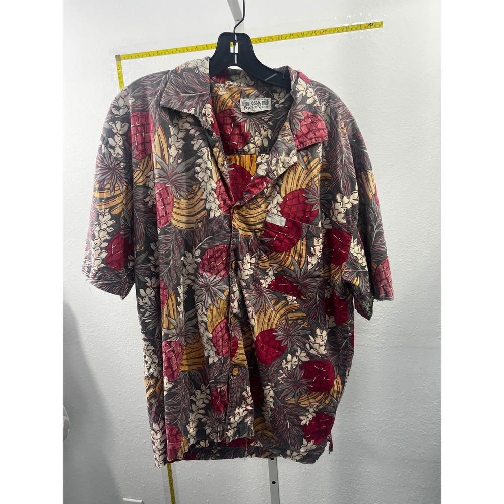 Aca Joe Ageless Mens XL Tropical Pineapple Banana Print‎ Camp Shirt Red Yellow